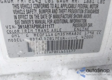 2019 Nissan Sentra Sv from USA, damaged, VIN 3N1AB7AP8KL611177
